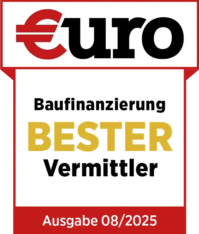 Testsiegel des Finanzmagazins €uro mit der Auszeichnung "Baufinanzierung Bester Vermittler" der Ausgabe 08/2025.