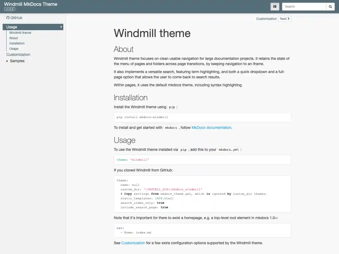 MkDocs Windmill screenshot