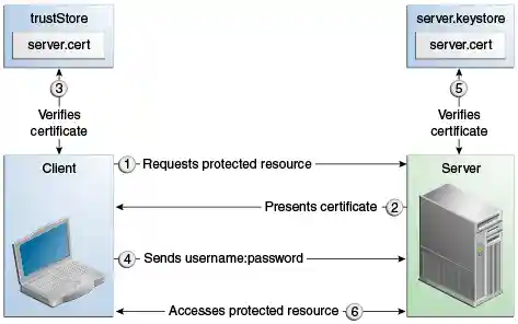 Diagram of five steps in mutual authentication with user name and password
