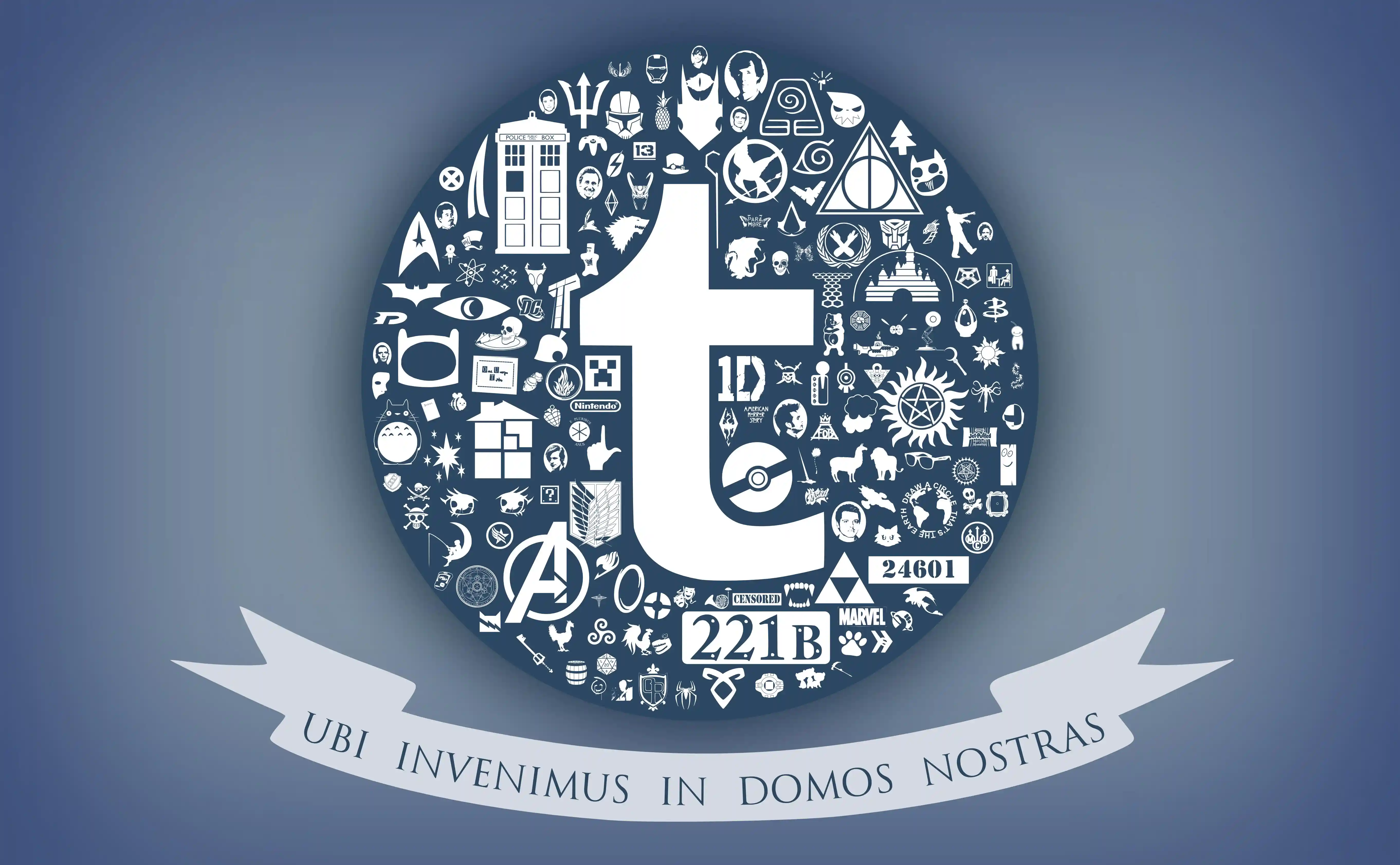 Tumblr-blue image with symbols of various fandoms surrounding a lowercase t in Tumblr's font. Text underneath reads "Ubi invenimus in domos nostras" (Here we found our homes).