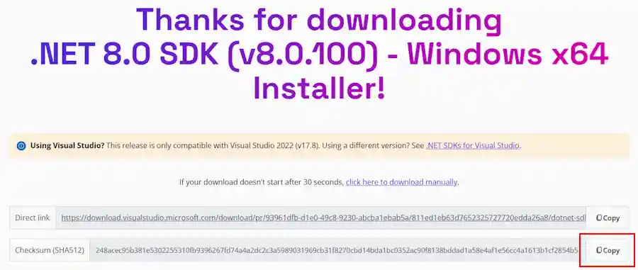 The .NET download page with checksum