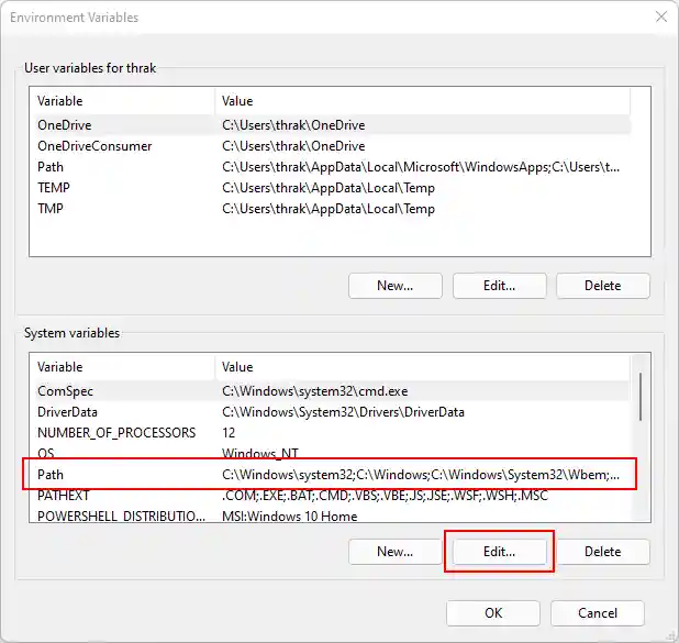 The environment variables window with user and system variables.