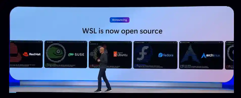 Screenshot of Satya introducing WSL going Open Source at the 2025 Build conference.