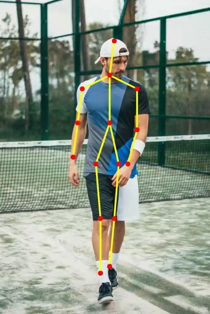The sample skeleton output of pose estimation, and detected keypoints marked on the image.