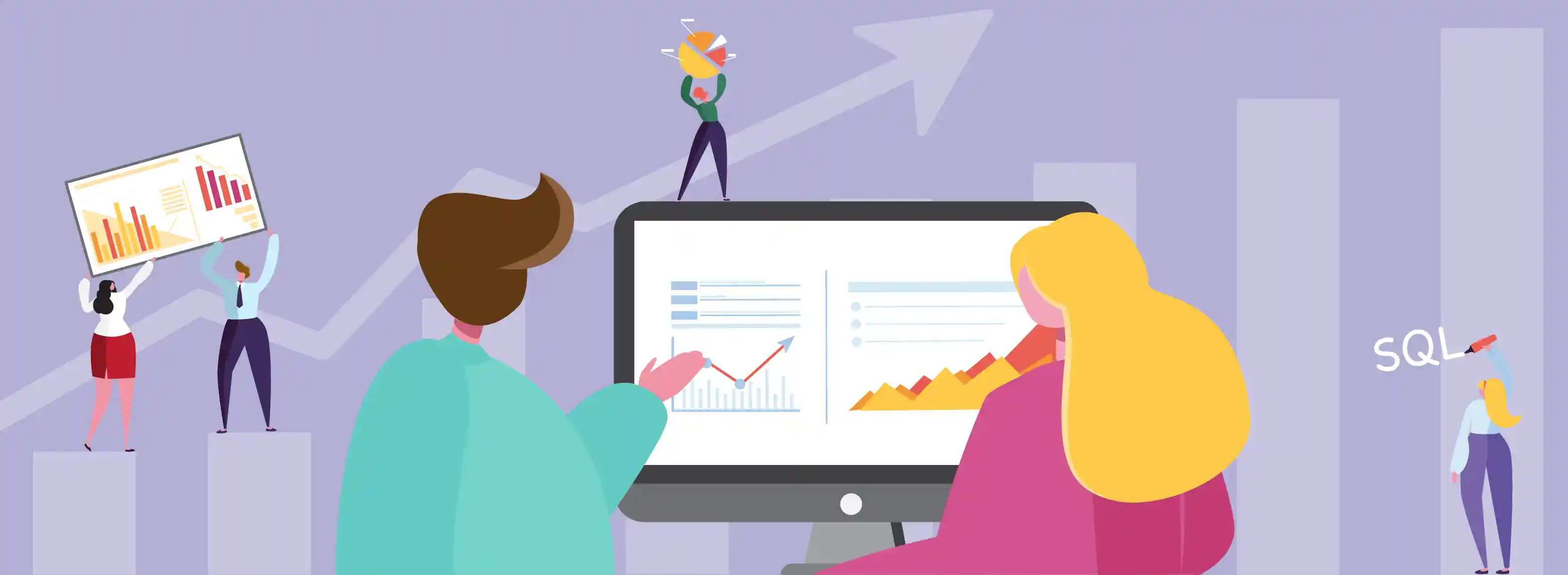 Cartoon people looking at various charts