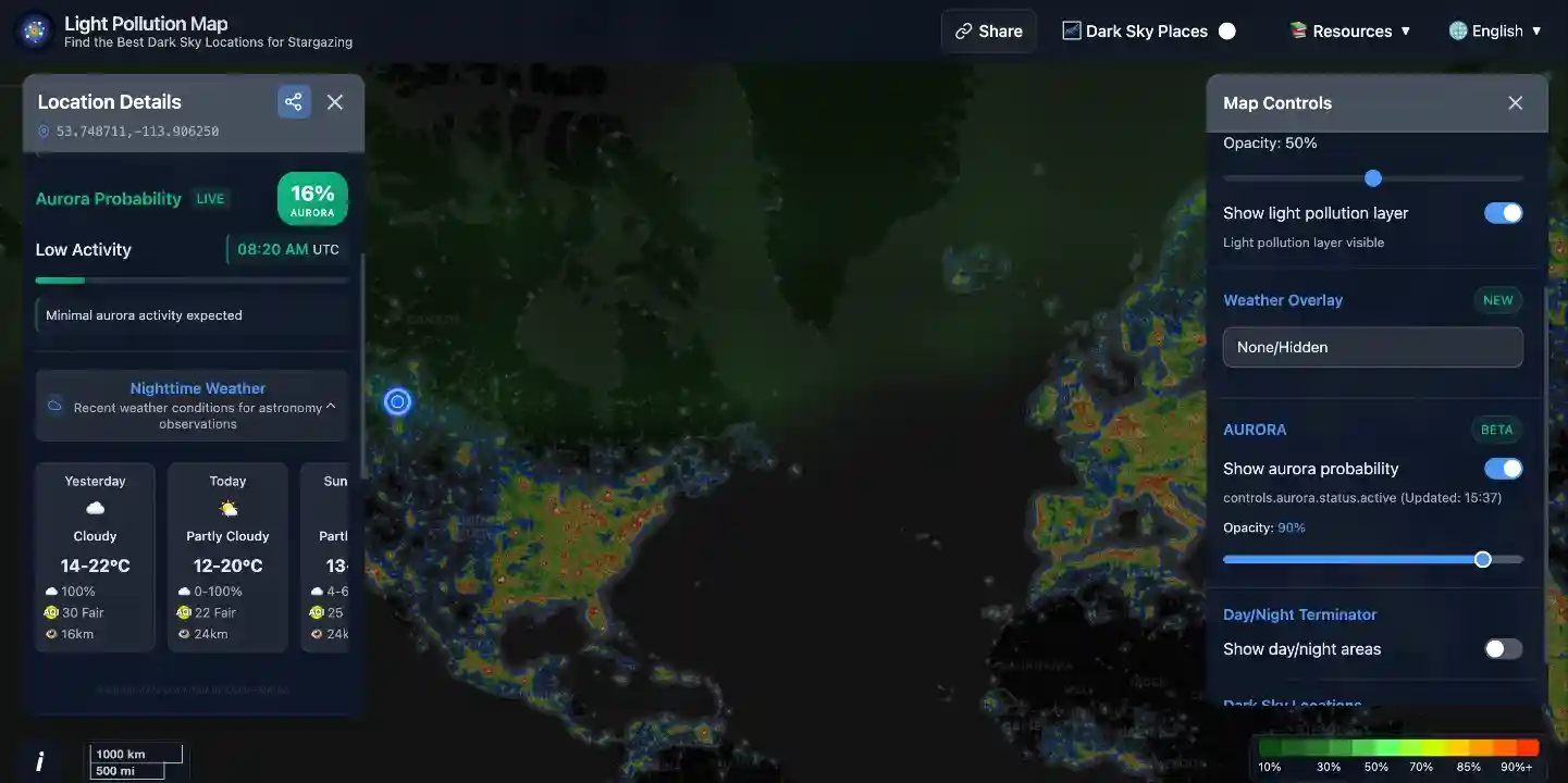 Aurora probability map screenshot showing northern lights forecast with color-coded intensity levels across northern regions
