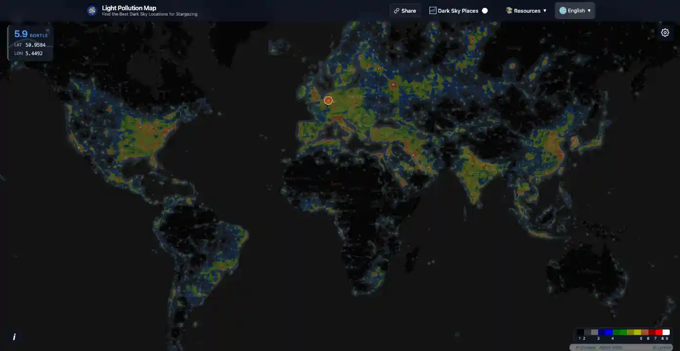 Global light pollution map worldwide showing light pollution levels across different continents and countries with color-coded intensity