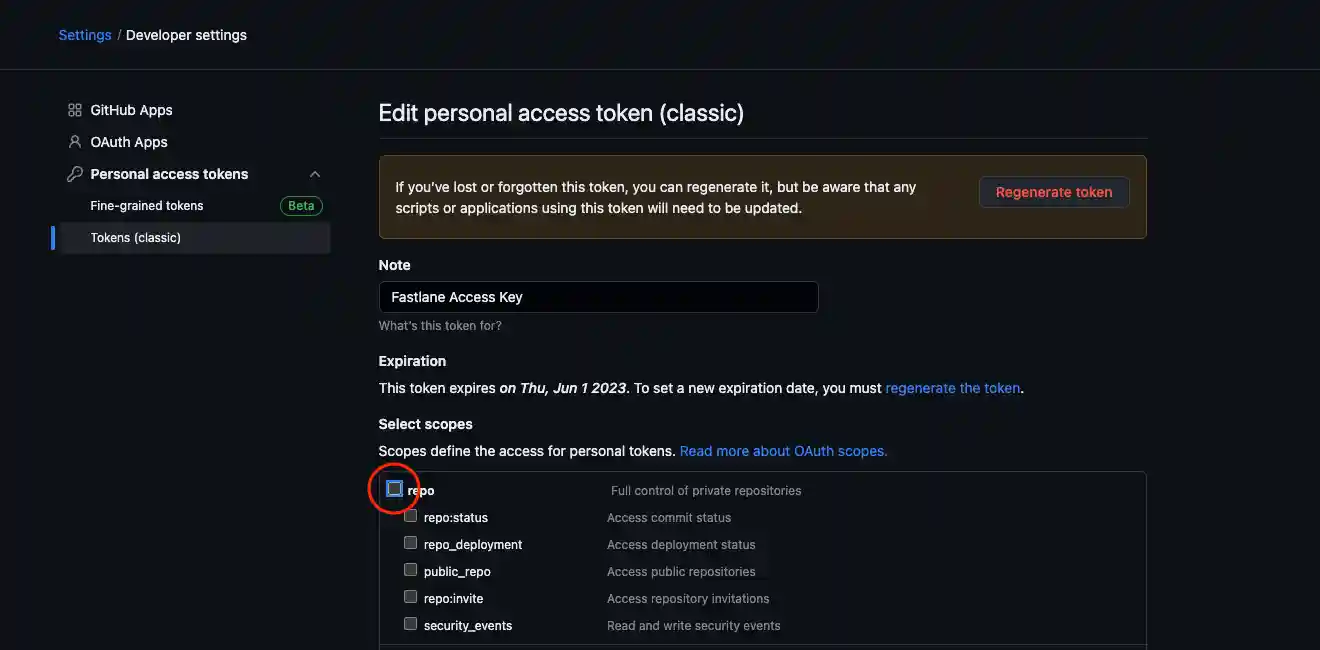 graphic showing missing repo scope with circled checkbox that user must check