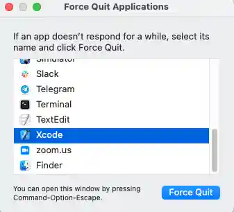 menu to select application to force quit