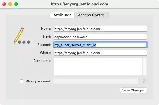Example macOS Keychain entry for API credentials (client_id)