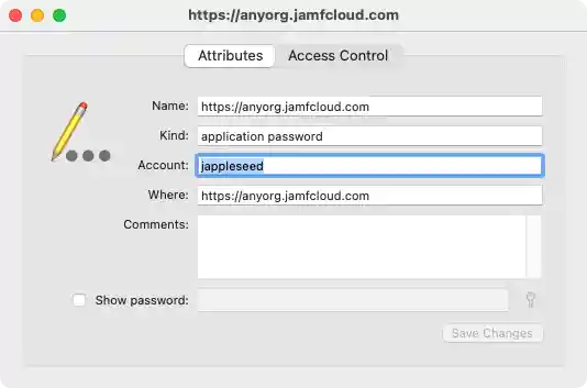 Example keychain entry for User credentials