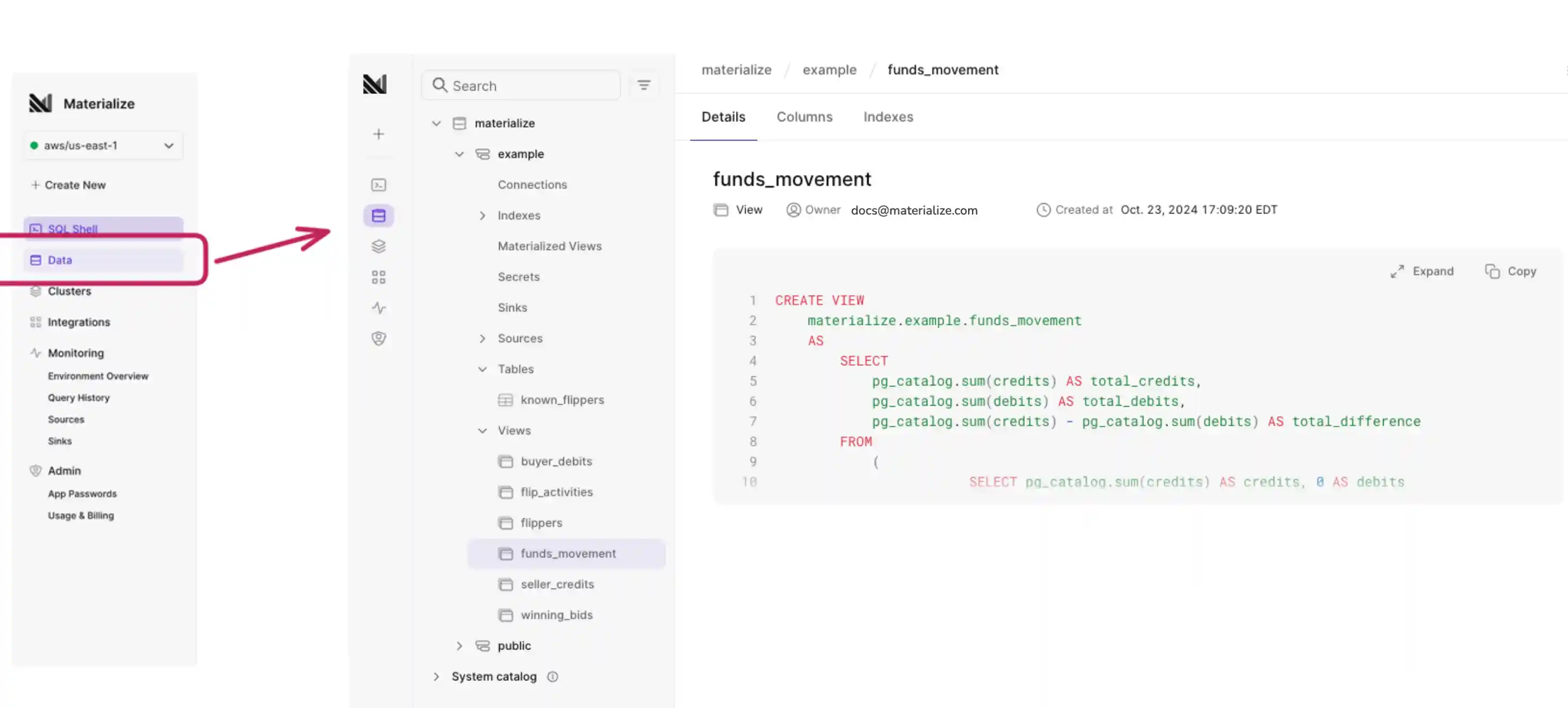 Image of the Materialize Console Database Object
Explorer