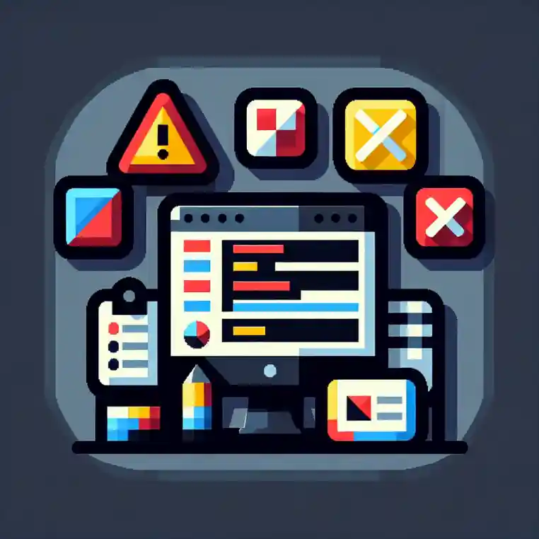 A simple 8-bit style icon shows a blocky computer monitor with a piece of code displayed, overlaid by three symbols: a red triangle signaling an error, a yellow exclamation for warning, and a blue note. Next to the monitor, flat colored squares symbolize integration points for GitHub, VSCode, and a checklist, all designed with basic geometric shapes and limited to five distinct colors. The scene has no background or human figures.