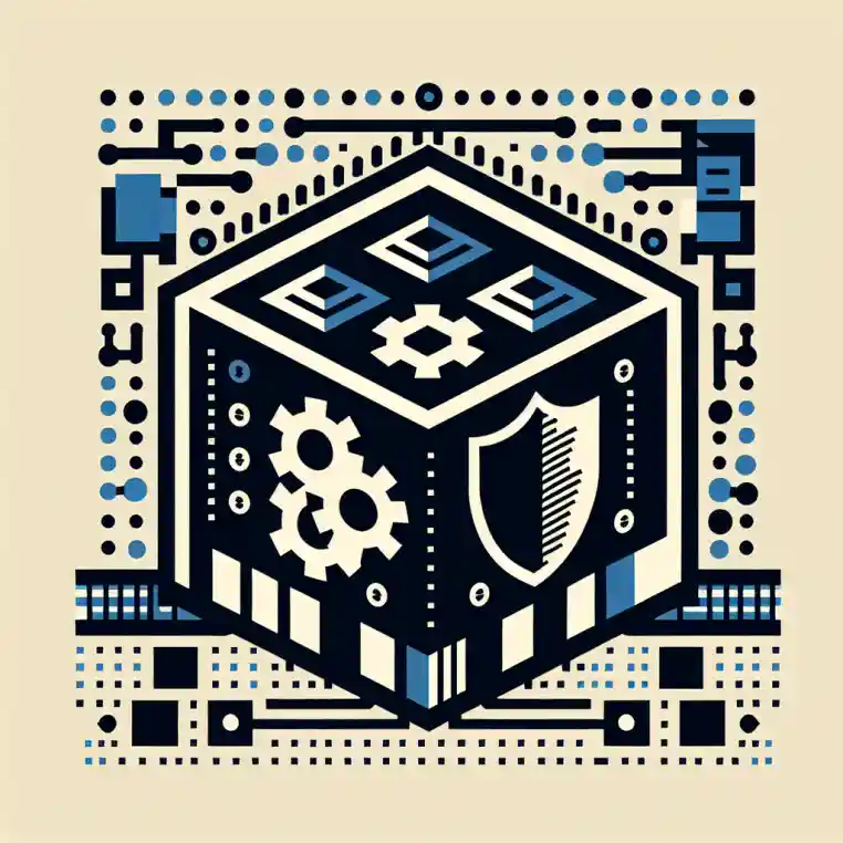 A small, pixel-style image shows a geometric box with a gear and code brackets inside, representing a software package. A tiny shield stands beside the box to signal security. Clean lines and shapes suggest network connections and ports, using five corporate colors, arranged simply and without any text or background.