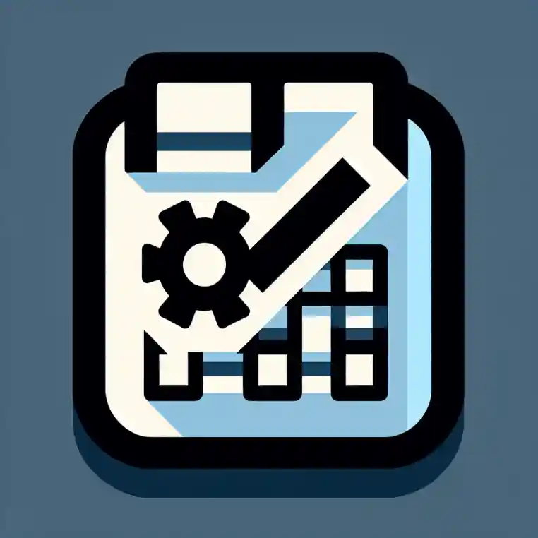 A simplified 8-bit style illustration shows a CSV file icon with a checkmark, a grid pattern representing spreadsheet rows and columns, and a small gear to indicate data parsing tools. The design uses only five solid colors, has no human figures, text, shadows, gradients, or background, and appears completely flat and two-dimensional.