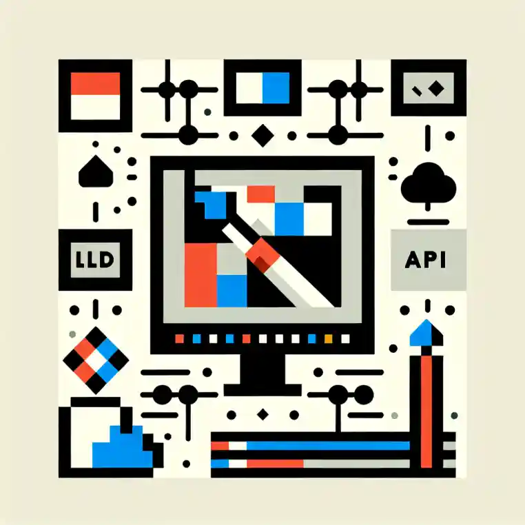 A small, square minimalist illustration shows a geometric computer interface using colorful flat shapes. A paintbrush and an image icon are arranged in a simple design, with symbolic elements alluding to technology, large language model providers, and cloud connectivity. The image is abstract, highly stylized, and uses only five solid colors without any text, people, shadow, or background, highlighting a clean, modern, corporate aesthetic.
