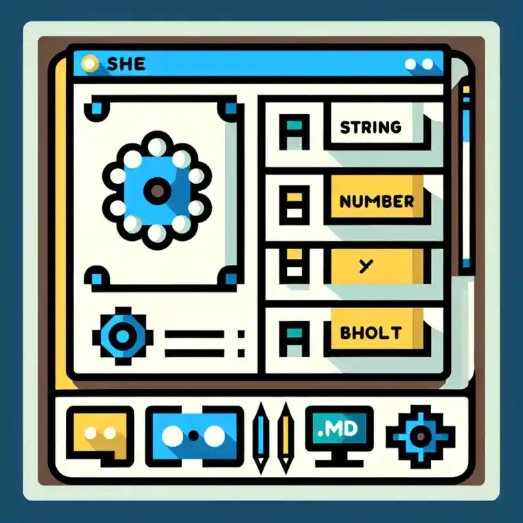 A flat 8-bit geometric illustration displays a simple form panel with three outlined fields: one for city (outlined in one color with a blue "A" icon for text), one for year (differently colored outline with a yellow "123" icon for numbers), and one checkbox field (another unique color outline with a green square for boolean input). Above the panel sits a blue gear, signifying schema transformation. To the side, a dropdown icon suggests options and a small folder shows ".md .txt" file support. The image uses no more than five colors, features no text, shadow, or depth, and appears strictly flat against a white background.
