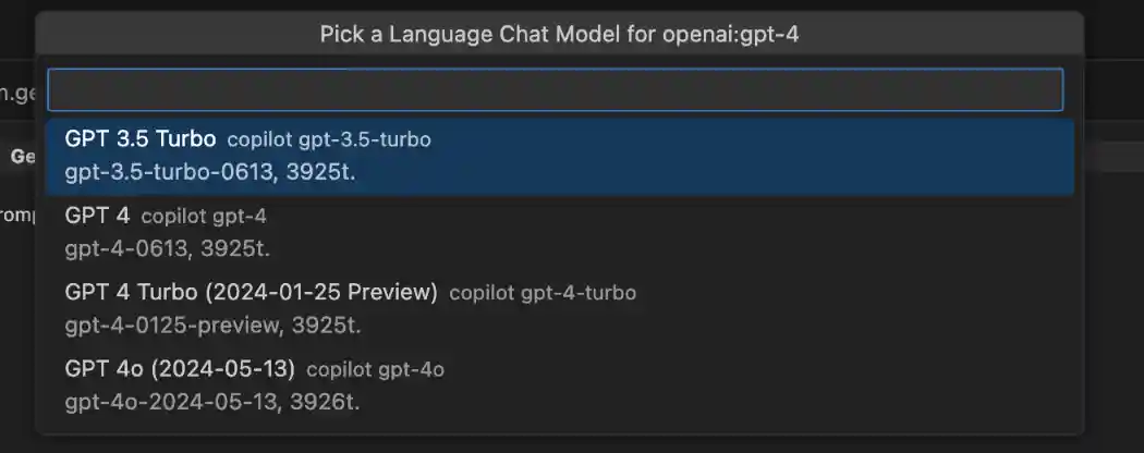 A dropdown menu titled 'Pick a Language Chat Model for openai:gpt-4' with several options including 'GPT 3.5 Turbo', 'GPT 4', 'GPT 4 Turbo (2024-01-25 Preview)', and 'GPT 4o (2024-05-13)', with 'GPT 3.5 Turbo' currently highlighted.