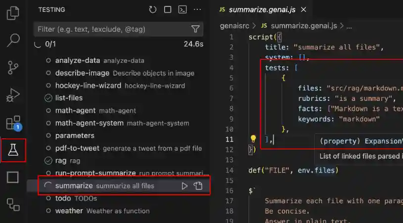 Visual Studio Test Explorer opened with a few genaiscript tests.