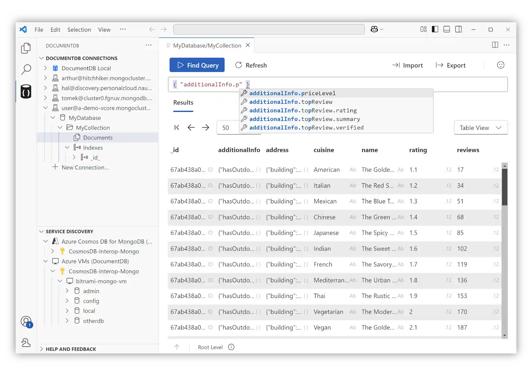 DocumentDB with a Collection View and auto-completion