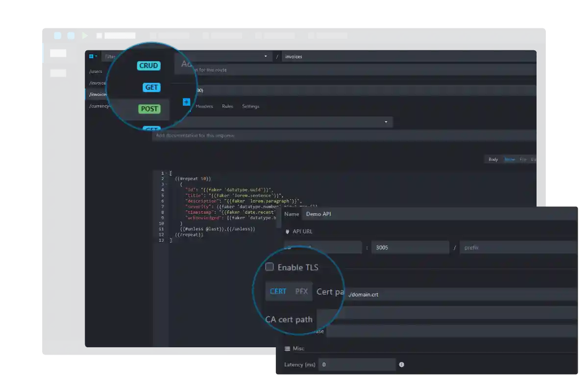 Mockoon customizable interface screenshot with multiple features displayed