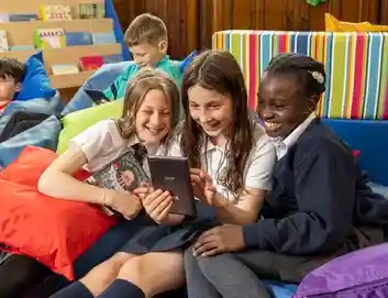 children reading in library