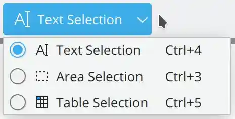 Okular's 'Selection mode', with text, area and table selection options.