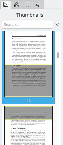 Okular's 'Thumbnails panel' shows a thumbnail for each page of a document.
