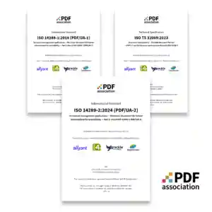 Cover images for ISO 14289-1, ISO 14289-2 and ISO TS 32005