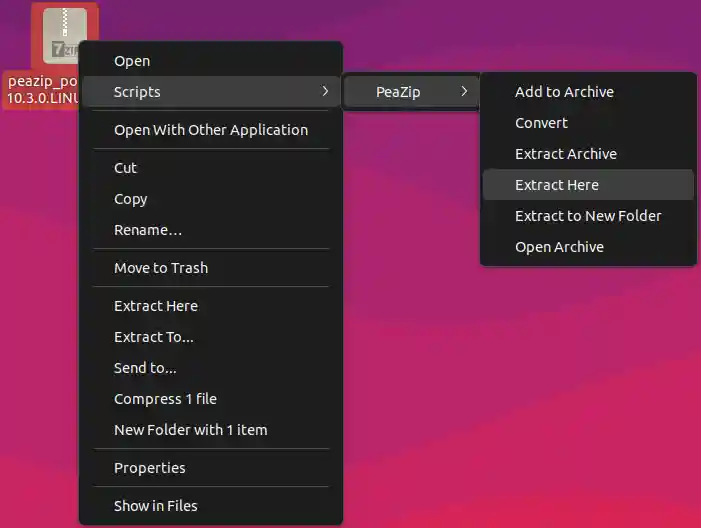 Add PeaZip in Gnome context menu peazip nautilus scripts for gnome context menu