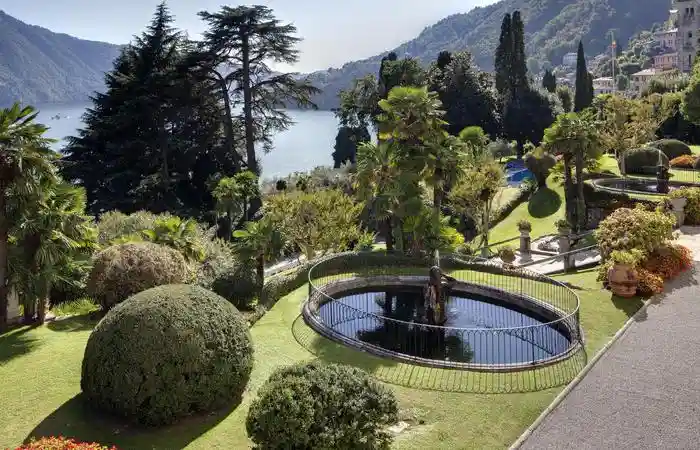 Formal lush gardens at Grand Hotel Tremezzo in Lake Como, Italy.