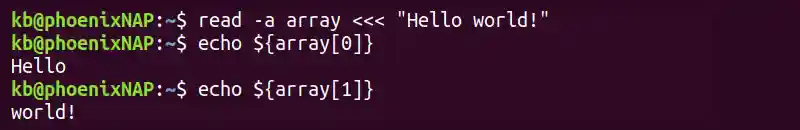 read -a array terminal output