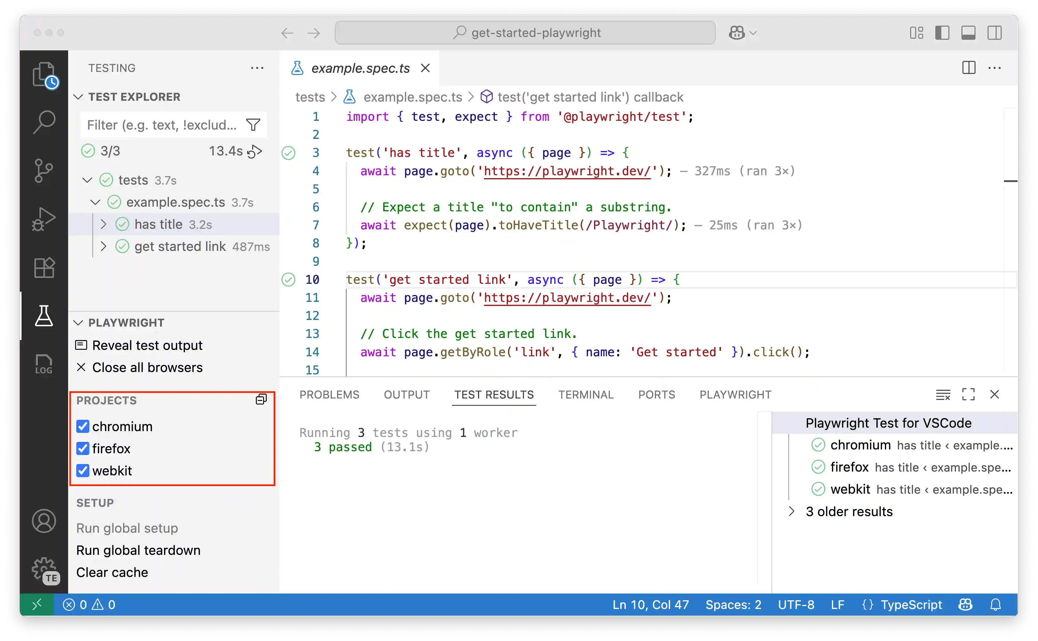 Selecting projects to run tests on