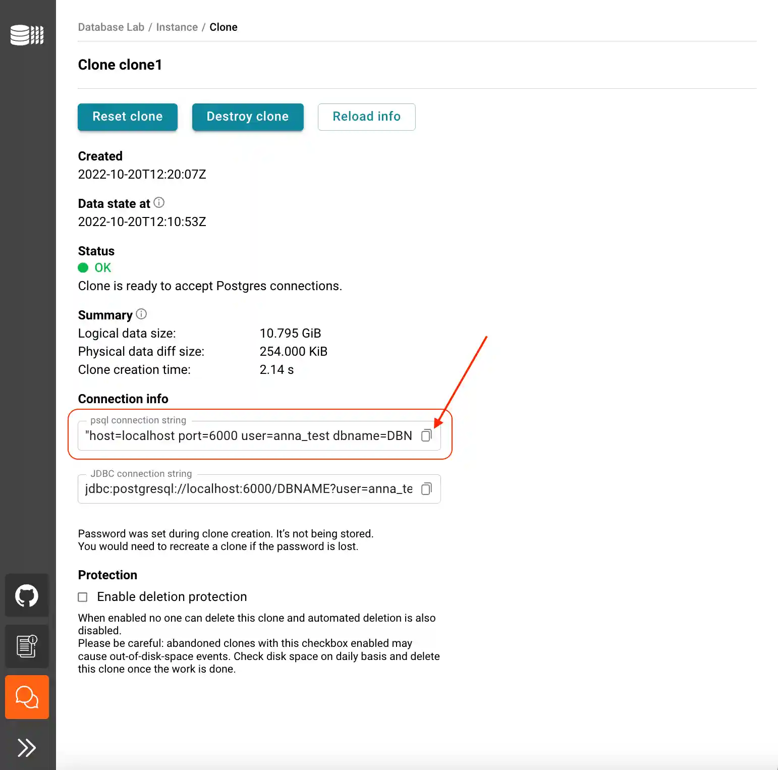 Database Lab clone page / psql connection string