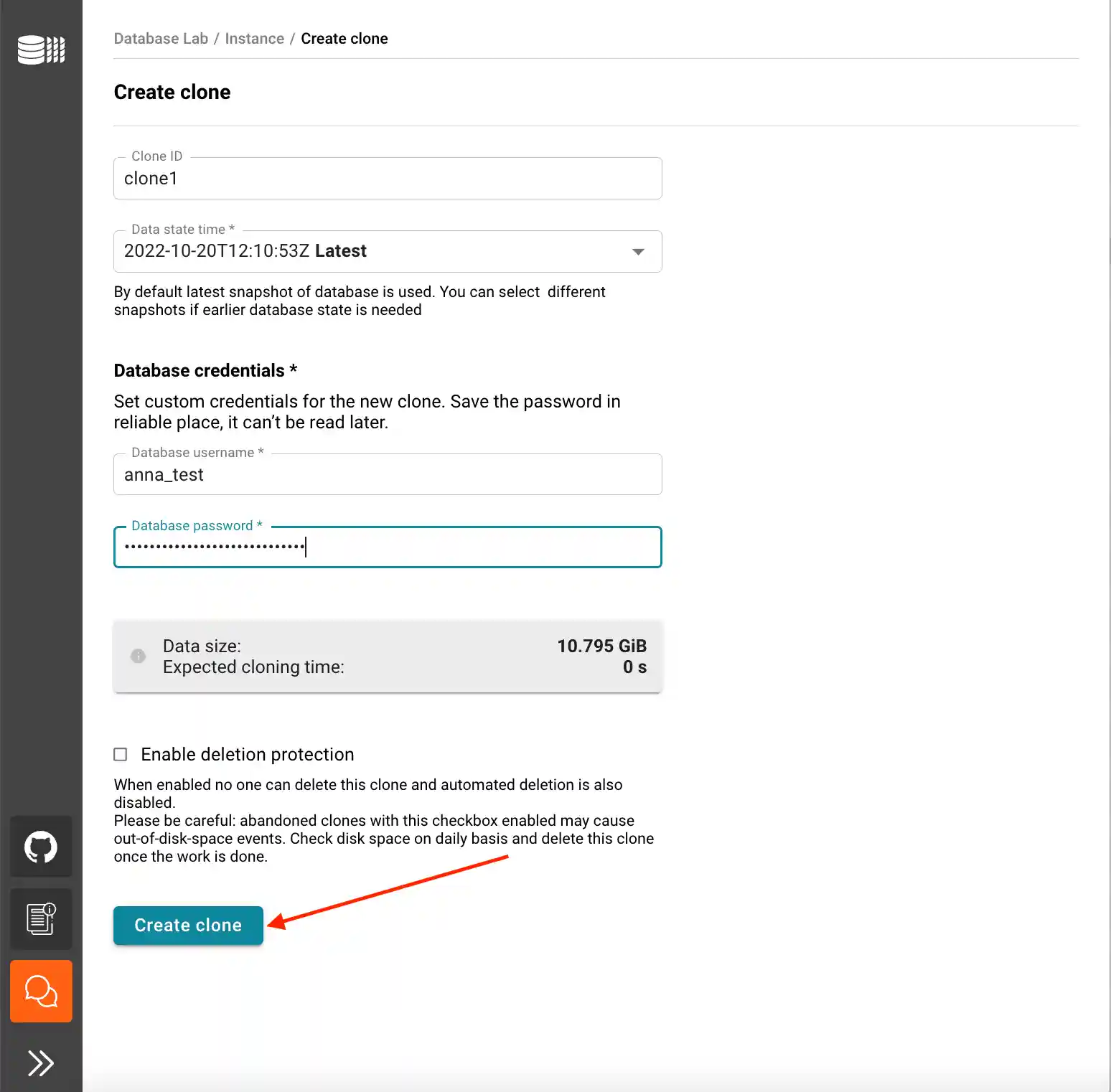 DBLab Engine clone creation page