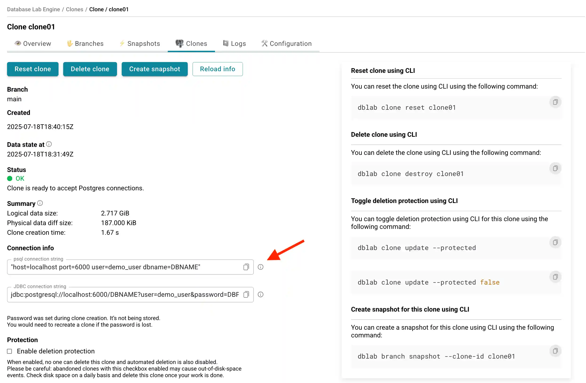DBLab clone page / psql connection string