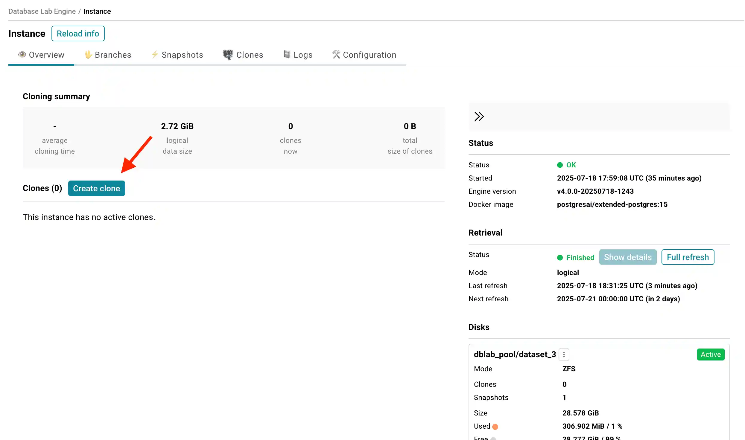 DBLab engine clone creation page