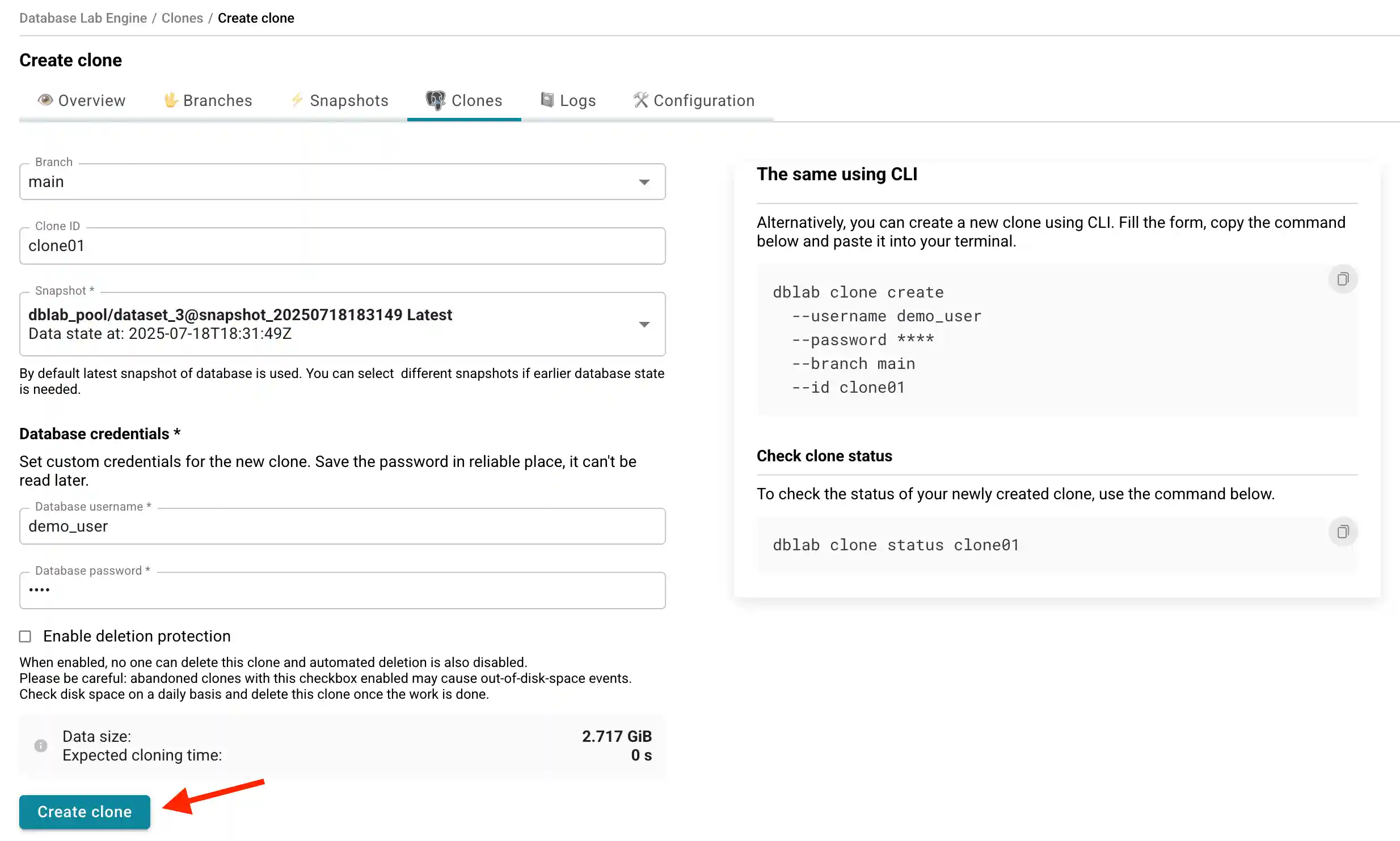 DBLab engine clone creation page