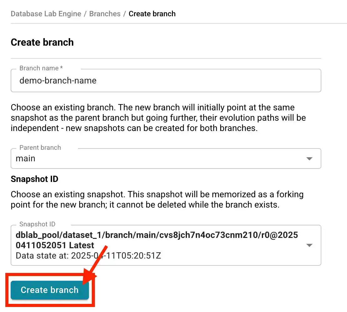 Database Lab instance page / Create branch