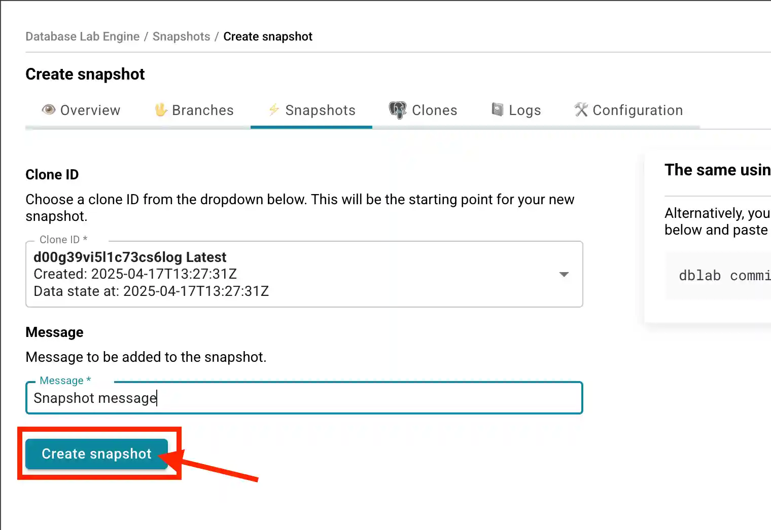 Database Lab instance page / Create snapshot