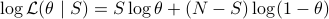 log mathcal{L}(theta;|;S) = Slog theta + (N-S) log (1-theta)