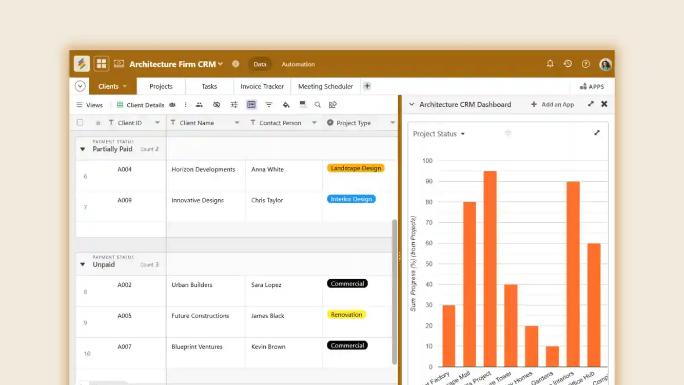 Architecture Firm CRM Template for managing projects, clients, and contractors. Templates