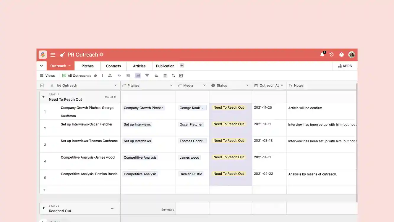PR Outreach Template for tracking media contacts and managing public relations campaigns. Templates