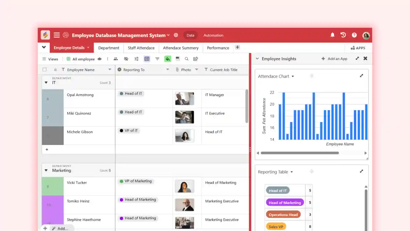 Employee database management system template dashboard in Stackby Templates