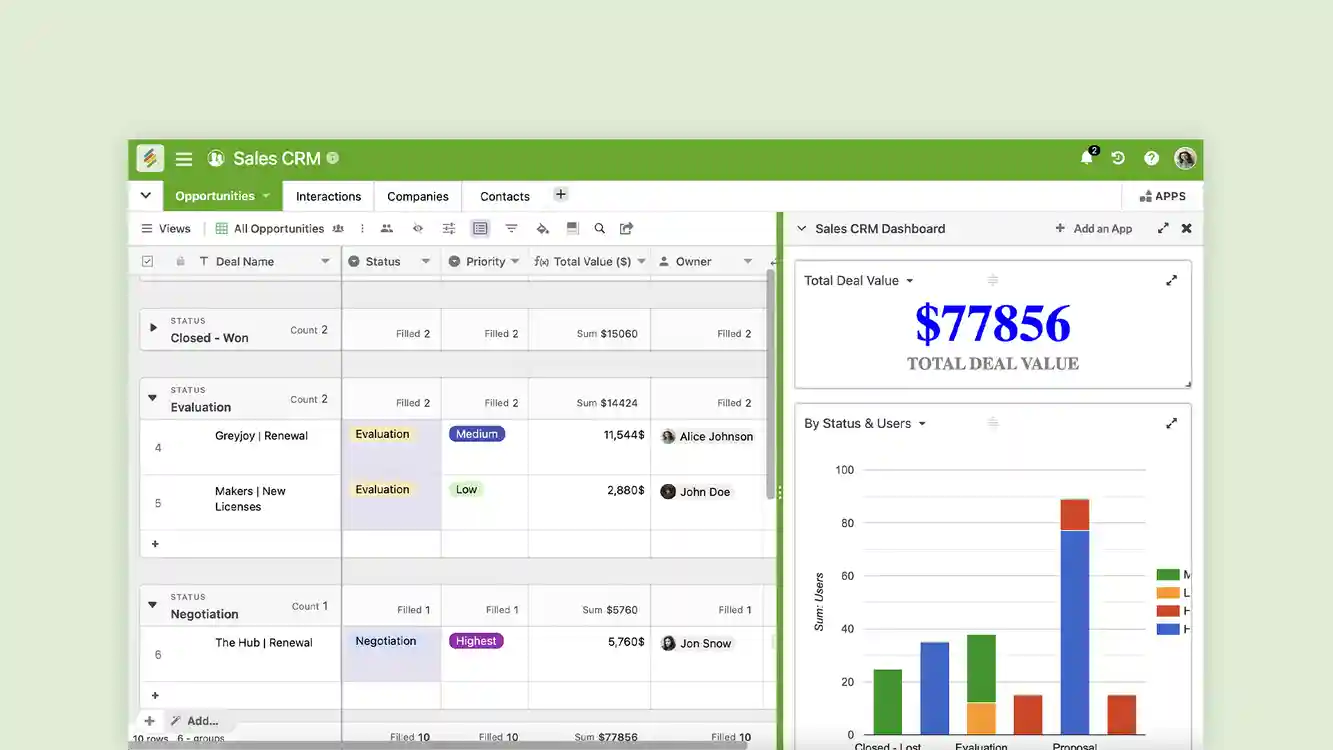 Sales CRM Template for managing leads, tracking sales pipelines, and closing deals. Templates