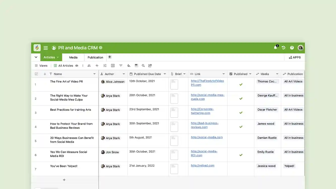 PR and Media CRM Template for managing media contacts and campaigns using Stackby. Templates