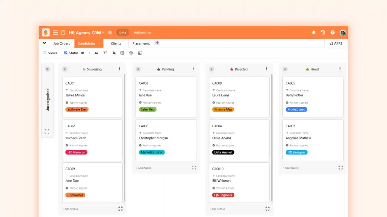HR Agency CRM Template for managing job orders, candidates, and placements. Templates