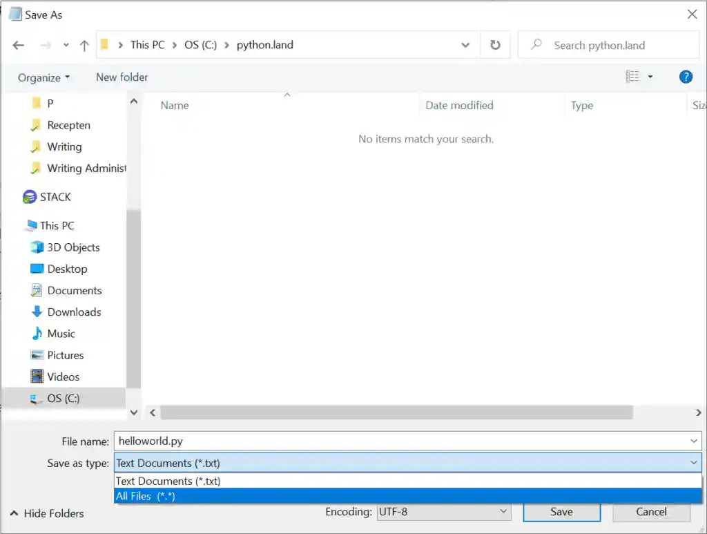 Saving a Python file with Notepad (there are much better ways that you'll learn soon)