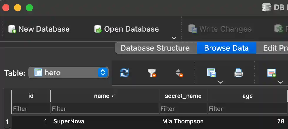 Database screenshot showing AI-generated hero records stored in SQLite database