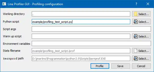 Screenshot of Line Profier GUI profiling configuration window